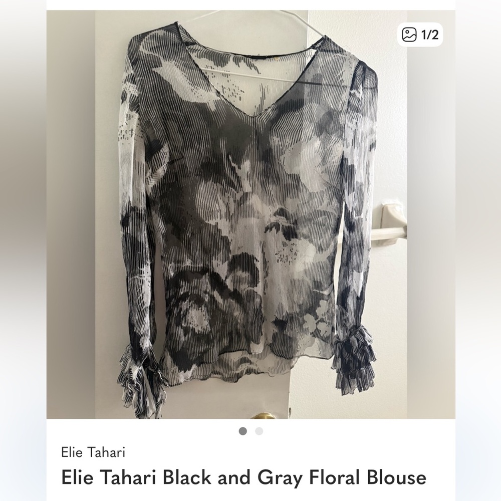 Elie Tahari Black Floral Sheer Pleated Blouse
